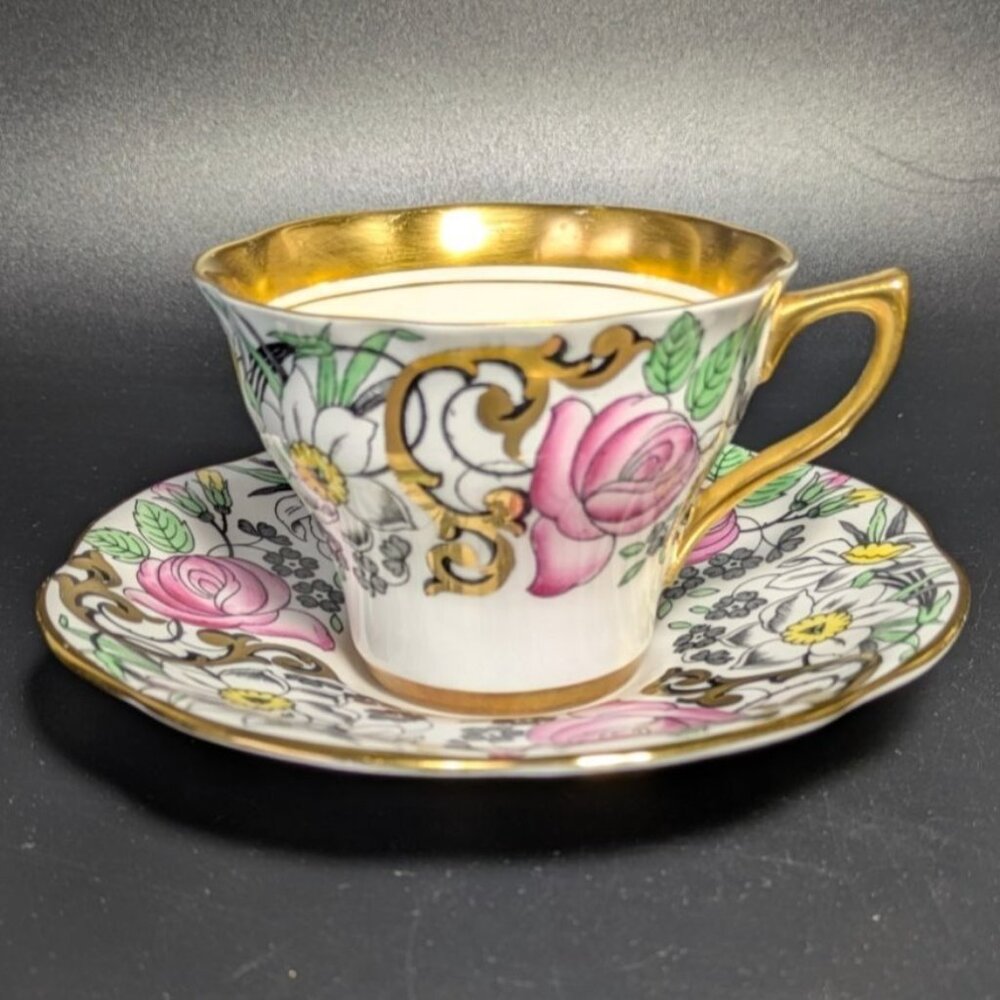 Rosina Floral Pink White Flowers Bone China England Teacup Saucer Gold Trim
